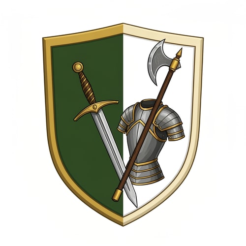 AI Design for make me a medieval shield, with on the banner a sword, axe and armor. the shield should be left green, rightside white, with gold accents. make it look like its made for a medieval server