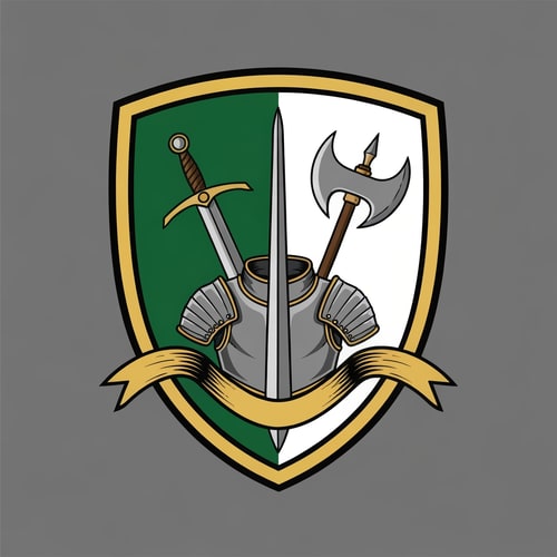 AI Design for make me a medieval shield logo, with on the banner a sword, axe and armor. the shield should be left green, rightside white, with gold accents