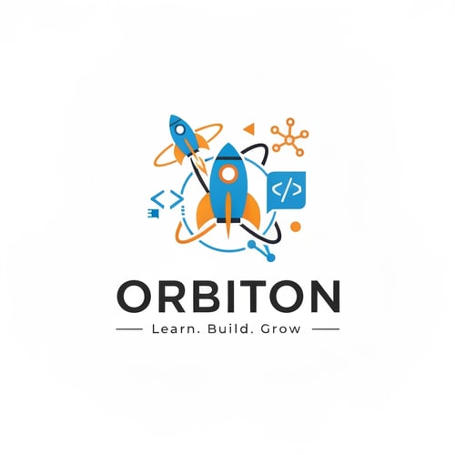 AI Design for Create a modern, clean, and professional logo for a student-run tech community named ORBITON. The logo should represent learning, coding, innovation, and collaboration. Include elements like orbit rings, rockets, digital circuits, coding symbols, or network connections. Use vibrant but professional colors like blue, green, or orange. Style should be minimalistic, friendly, and appealing to college students. Include a small tagline: ‘Learn. Build. Grow.’ Optional: subtle Indian vibe in design (abstract motif or warm accent colors). Vector format preferred, clean and scalable design suitable for WhatsApp group icon.