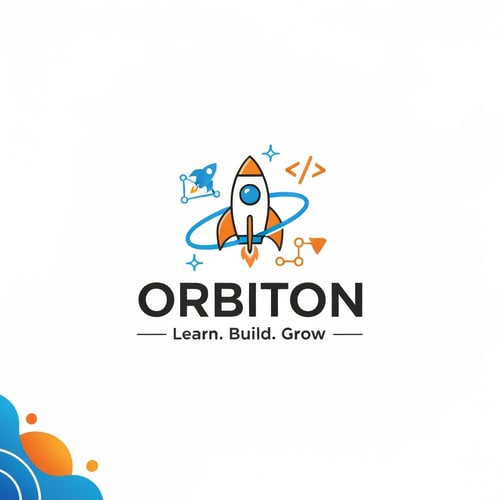 AI Design for Create a modern, clean, and professional logo for a student-run tech community named ORBITON. The logo should represent learning, coding, innovation, and collaboration. Include elements like orbit rings, rockets, digital circuits, coding symbols, or network connections. Use vibrant but professional colors like blue, green, or orange. Style should be minimalistic, friendly, and appealing to college students. Include a small tagline: ‘Learn. Build. Grow.’ Optional: subtle Indian vibe in design (abstract motif or warm accent colors). Vector format preferred, clean and scalable design suitable for WhatsApp group icon.