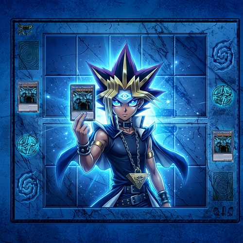 AI Design for Háttér legyen kék. A közepén lereszt helyett legyen Yugi a kezében 1 kártya Obelosk. Yuginak a szeme izzó kék legyen és a homlokán is a fáraó jel kék legyen. A temető- pakli mérete ne változzon viszont tegyél oda kék Obelisket.