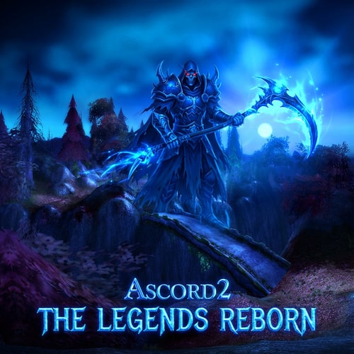 AI Design for Szerkeszd át kékre. Legyen oda írva Ascord2 THE LEGENDS REBORN.  Kék phantom legyen kék effektes kaszával a kezébe piros szemmel. Az írás brutál jó legyen a Phantom démon is