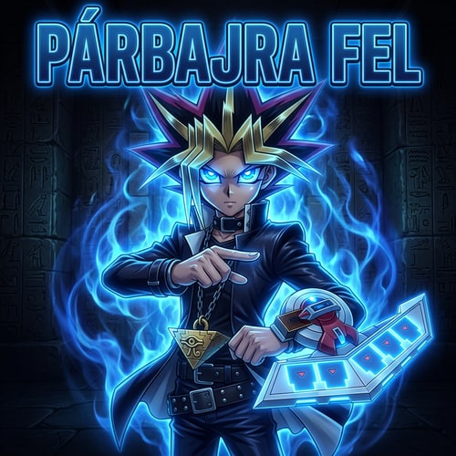 AI Design for Ezt alakítsd át arra hogy Yugi áll 1 helybe kezében 1 Dueldisk Kék izzó szemmel és rám mutat és oda van írva PÁRBAJRA FEL. És kék effekt van Yugi körül az írás is kékes