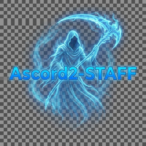 AI Design for Szerkeszd át nekem másra. Legyen pl: Ascord2-STAFF és a felirat mögött legyen 1 kék phantom kék kaszával effektel