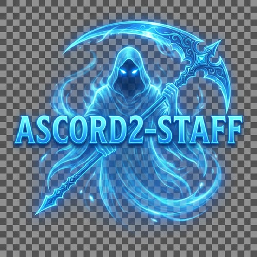 AI Design for Szerkeszd át nekem másra. Legyen pl: Ascord2-STAFF és a felirat mögött legyen 1 kék phantom kék kaszával effektel. És szép legyen. Az irás is kék legyen