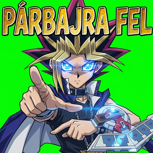 AI Design for Ezt alakítsd át arra hogy Yugi áll 1 helybe kezében 1 Dueldisk Kék izzó szemmel és rám mutat és oda van írva PÁRBAJRA FEL