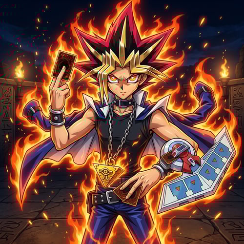 AI Design for Szerkeszd meg nekem tűz aurával legyen feltüzelve kezében 1 dueldisk és kihívóan áll és néz