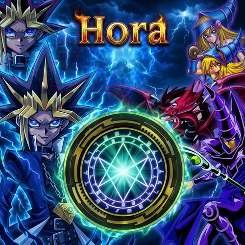 AI Design for Ezt módosítsd nekem. Legyen szimplán annyi írva felülre. Hora és a háttér Yugi legyen kék színnel izzó kék szemmel és gonosz mosolyal