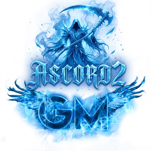 AI Design for Fölötte legyen oda irva Ascord2 de epicen legyen megcsinálva szépen kék szinen és ascord2 felirat fölött legyen 1 phantom kaszával GM logo és legyen kék és az Info Metin felirást vedd ki