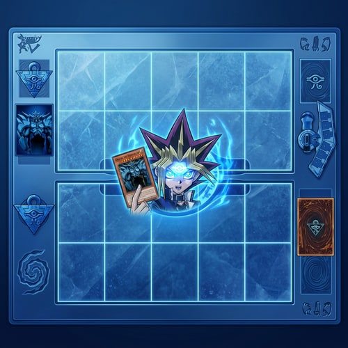 AI Design for Szerkeszd át. Yugi szeme legyen izzó kék. A kezében legyen Obelisk. Kicsit legyen letisztultabb pálya.