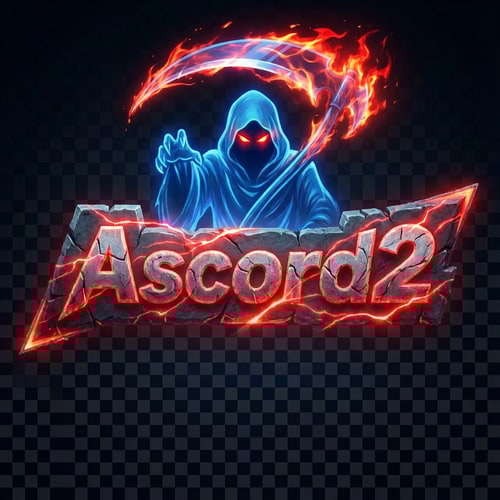 AI Design for Szerekszd át. Legyen nagyobb a logo és a phantom. Phantomnak piroson világitson a szeme. Effektes kasza legyen a kezébe. Ascord2 Felirat kőkemény szép legyen. Jó látható legyen az egész. Ascord2 felirat legyen piros