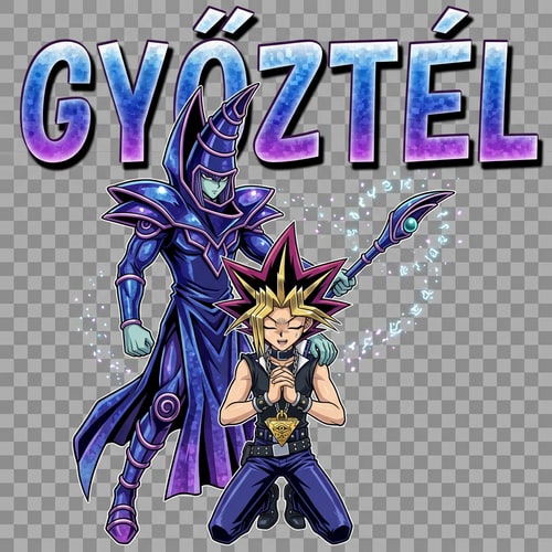 AI Design for Szerkesz nekem 1 képet hogy Yugi térden állva van Sötétvarázslóval és oda van írva GYŐZTÉL HÁTTÉR NÉLKÓL ÉS JÓL MEGLEGYEN SZERKESZTVE