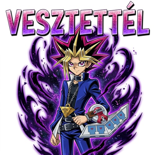 AI Design for Ezt áttudod nekem szerkeszteni? Pl olyanra Yugi áll büszkén gonosz aura körülveszi dueldisk a karján és ki van írva VESZTETTÉL. Ne legyen háttere