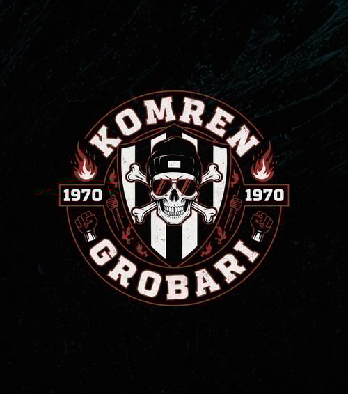 AI Design for make me a logo for ultras (PARTIZAN) and add text KOMREN and below it GROBARI and with all logos and colors