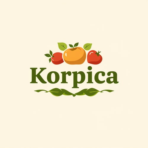AI Design for Design a clean, modern and memorable logo for a small village fruit and vegetable shop named [Korpica]. The logo should include natural elements like fresh fruits and vegetables (such as apples, tomatoes, cucumbers), green leaves, and a rustic but professional vibe. Use warm, earthy colors (green, red, orange, yellow) to symbolize freshness and health. The design should be simple, recognizable, and suitable for shop signs, flyers, and packaging. Include the shop name in a bold but friendly font."