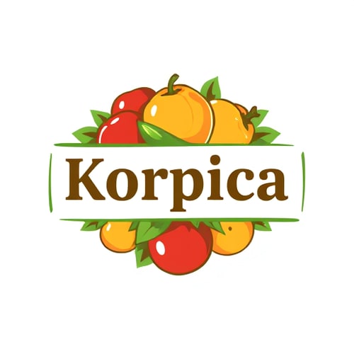 AI Design for Design a clean, modern and memorable logo for a small village fruit and vegetable shop named [Korpica]. The logo should include natural elements like fresh fruits and vegetables (such as apples, tomatoes, cucumbers), green leaves, and a rustic but professional vibe. Use warm, earthy colors (green, red, orange, yellow) to symbolize freshness and health. The design should be simple, recognizable, and suitable for shop signs, flyers, and packaging. Include the shop name in a bold but friendly font."