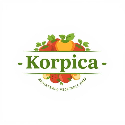 AI Design for Design a clean, modern and memorable logo for a small village fruit and vegetable shop named [Korpica]. The logo should include natural elements like fresh fruits and vegetables (such as apples, tomatoes, cucumbers), green leaves, and a rustic but professional vibe. Use warm, earthy colors (green, red, orange, yellow) to symbolize freshness and health. The design should be simple, recognizable, and suitable for shop signs, flyers, and packaging. Include the shop name in a bold but friendly font."