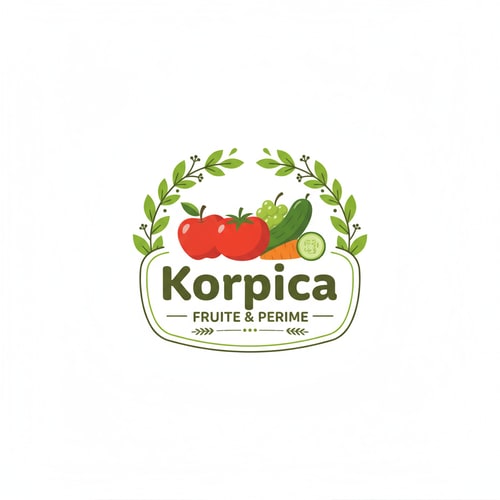 AI Design for Design a clean, modern and memorable logo for a small village fruit and vegetable shop named [Korpica]. The logo should include natural elements like fresh fruits and vegetables (such as apples, tomatoes, cucumbers), green leaves, and a rustic but professional vibe. Use warm, earthy colors (green, red, orange, yellow) to symbolize freshness and health. The design should be simple, recognizable, and suitable for shop signs, flyers, and packaging. Include the shop name in a bold but friendly font."
