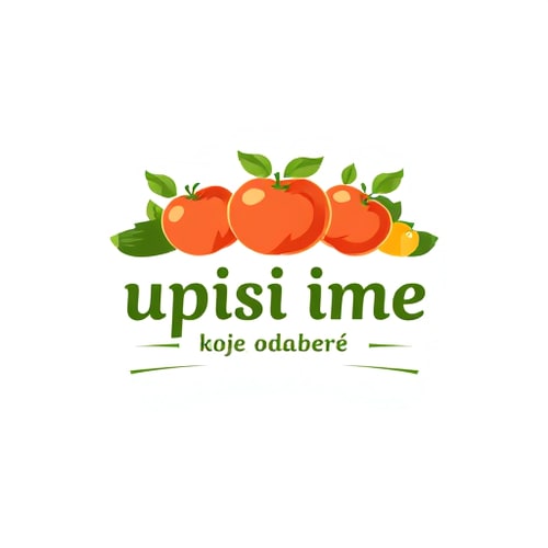 AI Design for Design a clean, modern and memorable logo for a small village fruit and vegetable shop named [upiši ime koje odabereš]. The logo should include natural elements like fresh fruits and vegetables (such as apples, tomatoes, cucumbers), green leaves, and a rustic but professional vibe. Use warm, earthy colors (green, red, orange, yellow) to symbolize freshness and health. The design should be simple, recognizable, and suitable for shop signs, flyers, and packaging. Include the shop name in a bold but friendly font."