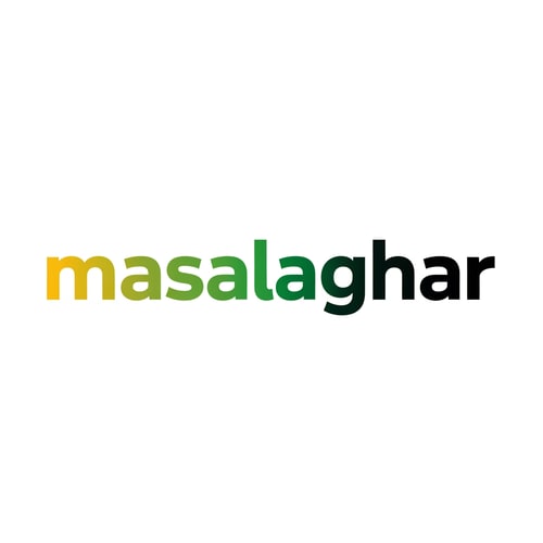 AI Design for masalaghar of logo like a blinkit font end color dark yellow, green black