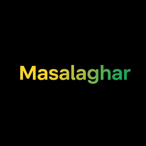 AI Design for masalaghar of logo like a blinkit font end color dark yellow, green black