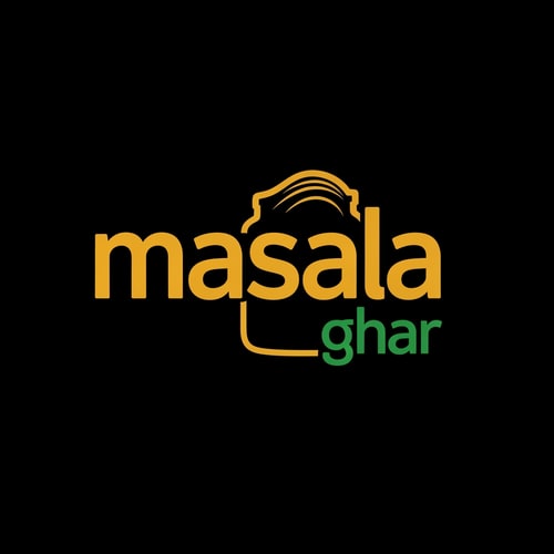 AI Design for masalaghar of logo like a blinkit style dark yellow, green black something unique