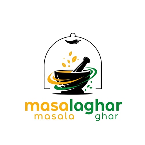 AI Design for masalaghar of logo like a blinkit style dark yellow, green black something unique