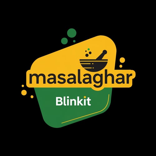 AI Design for masalaghar of logo look like same blinkit style color is dark yellow, green, black