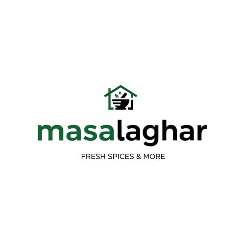 AI Design for masalaghar of logo look like same blinkit style color is dark green, black