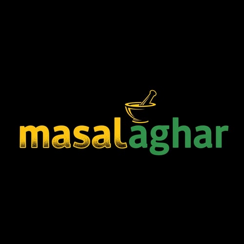 AI Design for masalaghar of logo look like in blinkit style color is dark yellow, green, black