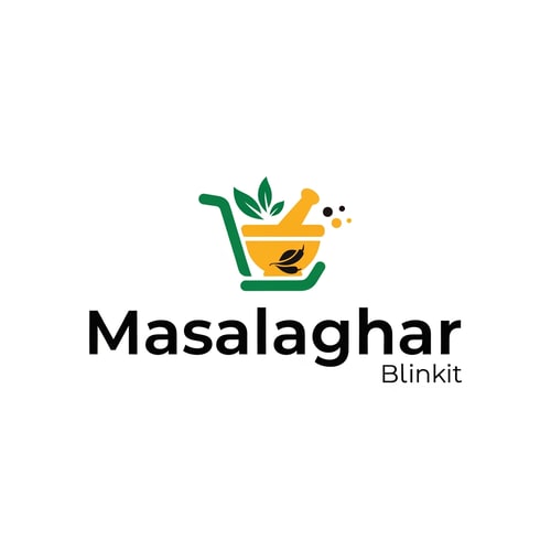 AI Design for masalaghar of logo look like same blinkit style color is dark yellow, green, black