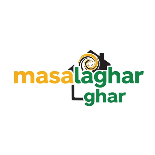 AI Design for masalaghar of logo look like same blinkit style color is dark yellow, green, black