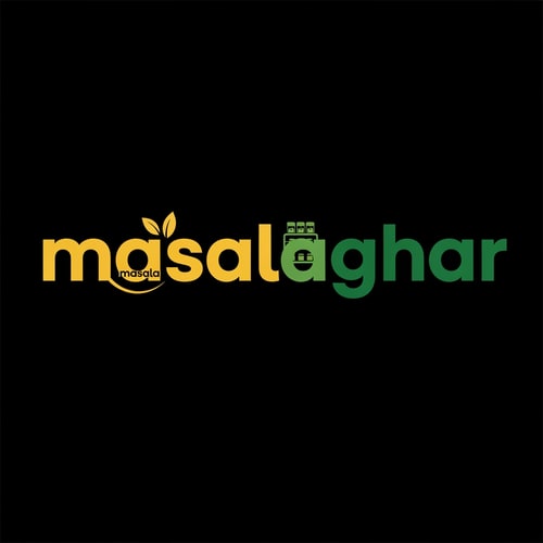 AI Design for masalaghar of logo look like in blinkit style color is dark yellow, green, black