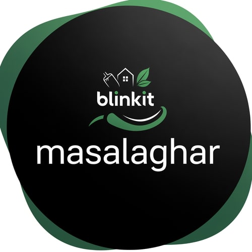 AI Design for masalaghar of logo look like same blinkit style color is dark green, black