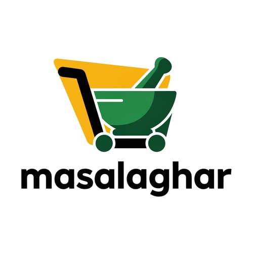 AI Design for masalaghar of logo look like in blinkit style color is dark yellow, green, black