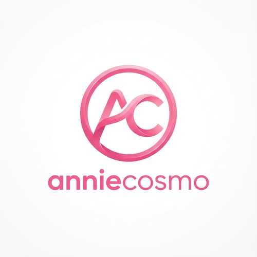 AI Design for anniecosmo logo for a cosmetic brand — minimalist, emblem, with text "anniecosmo" in a matching #ff5894 color, soft ambient lighting, clean and modern style, smooth gradients and subtle reflections, plain white background