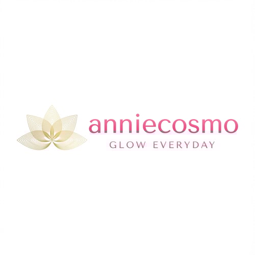 AI Design for anniecosmo logo for a cosmetic brand — minimalist, emblem, with text "anniecosmo" in a matching #ff5894 color, soft ambient lighting, clean and modern style, smooth gradients and subtle reflections, plain white background