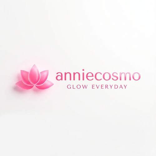 AI Design for anniecosmo logo for a cosmetic brand — minimalist, emblem, with text "anniecosmo" in a matching #ff5894 color, soft ambient lighting, clean and modern style, smooth gradients and subtle reflections, plain white background