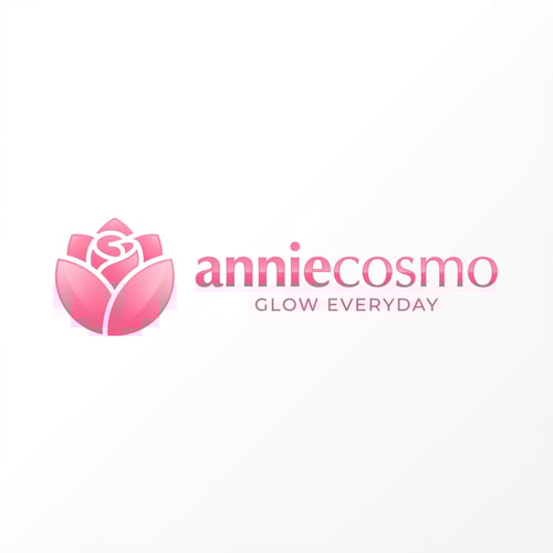 AI Design for anniecosmo logo for a cosmetic brand — minimalist, emblem, with text "anniecosmo" in a matching #ff5894 color, soft ambient lighting, clean and modern style, smooth gradients and subtle reflections, plain white background