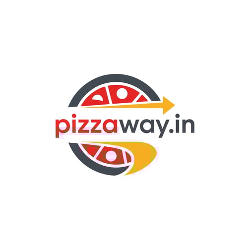 AI Design for A modern logotype graphic for a fast-casual pizza delivery service, featuring the exact text "pizzaway.in" integrated into a dynamic, circular emblem that subtly suggests both a pizza shape and a directional pathway — Centered horizontal layout optimized for use as a website header, maintaining high legibility even when scaled down to function as a simple favicon — Warm and appetizing palette utilizing vibrant tomato red, mozzarella white, and deep charcoal gray for sophisticated contrast; subtle accents of golden yellow — Flat, high-key studio lighting with no gradients or depth of field; the mood is trustworthy and quick — Minimalist vector graphic design with hard lines and geometric construction suitable for corporate identity assets; avoid photographic realism, rendering, or 3D effects — Must prominently display the exact text "pizzaway.in"; keep text/logos/labels EXACTLY unchanged; no rewriting, redrawing, correcting, or adding any text; ensure graphics are clean and scalable — Solid white presentation background, simulating a brand style guide preview.