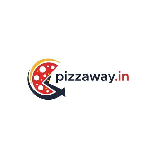 AI Design for A modern logotype graphic for a fast-casual pizza delivery service, featuring the exact text "pizzaway.in" integrated into a dynamic, circular emblem that subtly suggests both a pizza shape and a directional pathway — Centered horizontal layout optimized for use as a website header, maintaining high legibility even when scaled down to function as a simple favicon — Warm and appetizing palette utilizing vibrant tomato red, mozzarella white, and deep charcoal gray for sophisticated contrast; subtle accents of golden yellow — Flat, high-key studio lighting with no gradients or depth of field; the mood is trustworthy and quick — Minimalist vector graphic design with hard lines and geometric construction suitable for corporate identity assets; avoid photographic realism, rendering, or 3D effects — Must prominently display the exact text "pizzaway.in"; keep text/logos/labels EXACTLY unchanged; no rewriting, redrawing, correcting, or adding any text; ensure graphics are clean and scalable — Solid white presentation background, simulating a brand style guide preview.