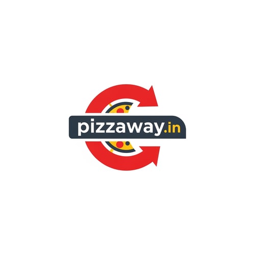AI Design for A modern logotype graphic for a fast-casual pizza delivery service, featuring the exact text "pizzaway" integrated into a dynamic, circular emblem that subtly suggests both a pizza shape and a directional pathway — Centered horizontal layout optimized for use as a website header, maintaining high legibility even when scaled down to function as a simple favicon — Warm and appetizing palette utilizing vibrant tomato red, mozzarella white, and deep charcoal gray for sophisticated contrast; subtle accents of golden yellow — Flat, high-key studio lighting with no gradients or depth of field; the mood is trustworthy and quick — Minimalist vector graphic design with hard lines and geometric construction suitable for corporate identity assets; avoid photographic realism, rendering, or 3D effects — Must prominently display the exact text "pizzaway.in"; keep text/logos/labels EXACTLY unchanged; no rewriting, redrawing, correcting, or adding any text; ensure graphics are clean and scalable — Solid white presentation background, simulating a brand style guide preview.