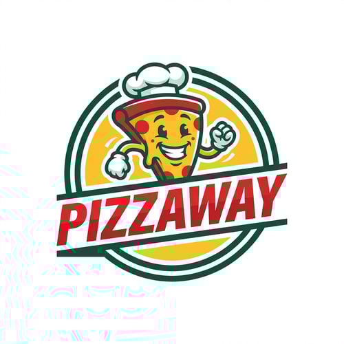 AI Design for A scalable vector logo design featuring a stylized mascot element integrated with the brand name "PIZZAWAY" — Centered graphic, utilizing a bold, streamlined typeface that harmonizes with the accompanying illustration. Primary colors are bold red, vibrant cheese yellow, and crisp white, accented by deep green. Bright, high-key, flat graphic lighting creating an energetic, approachable mood suitable for fast food branding. Clean vector art, modern corporate identity style with geometric shapes and clear linework. The design must feature the exact word "PIZZAWAY"; keep text/logos/labels EXACTLY unchanged; no rewriting, redrawing, correcting, or adding any text; output must be a single, scalable logo mark. Isolated on a pure white background.