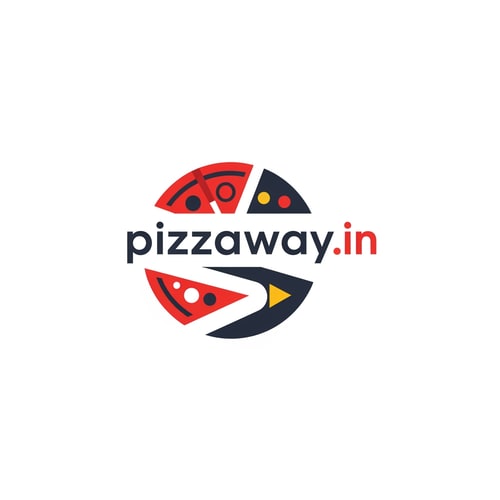 AI Design for A modern logotype graphic for a fast-casual pizza delivery service, featuring the exact text "pizzaway" integrated into a dynamic, circular emblem that subtly suggests both a pizza shape and a directional pathway — Centered horizontal layout optimized for use as a website header, maintaining high legibility even when scaled down to function as a simple favicon — Warm and appetizing palette utilizing vibrant tomato red, mozzarella white, and deep charcoal gray for sophisticated contrast; subtle accents of golden yellow — Flat, high-key studio lighting with no gradients or depth of field; the mood is trustworthy and quick — Minimalist vector graphic design with hard lines and geometric construction suitable for corporate identity assets; avoid photographic realism, rendering, or 3D effects — Must prominently display the exact text "pizzaway.in"; keep text/logos/labels EXACTLY unchanged; no rewriting, redrawing, correcting, or adding any text; ensure graphics are clean and scalable — Solid white presentation background, simulating a brand style guide preview.