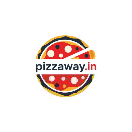 AI Design for A modern logotype graphic for a fast-casual pizza delivery service, featuring the exact text "pizzaway.in" integrated into a dynamic, circular emblem that subtly suggests both a pizza shape and a directional pathway — Centered horizontal layout optimized for use as a website header, maintaining high legibility even when scaled down to function as a simple favicon — Warm and appetizing palette utilizing vibrant tomato red, mozzarella white, and deep charcoal gray for sophisticated contrast; subtle accents of golden yellow — Flat, high-key studio lighting with no gradients or depth of field; the mood is trustworthy and quick — Minimalist vector graphic design with hard lines and geometric construction suitable for corporate identity assets; avoid photographic realism, rendering, or 3D effects — Must prominently display the exact text "pizzaway.in"; keep text/logos/labels EXACTLY unchanged; no rewriting, redrawing, correcting, or adding any text; ensure graphics are clean and scalable — Solid white presentation background, simulating a brand style guide preview.