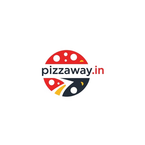 AI Design for A modern logotype graphic for a fast-casual pizza delivery service, featuring the exact text "pizzaway" integrated into a dynamic, circular emblem that subtly suggests both a pizza shape and a directional pathway — Centered horizontal layout optimized for use as a website header, maintaining high legibility even when scaled down to function as a simple favicon — Warm and appetizing palette utilizing vibrant tomato red, mozzarella white, and deep charcoal gray for sophisticated contrast; subtle accents of golden yellow — Flat, high-key studio lighting with no gradients or depth of field; the mood is trustworthy and quick — Minimalist vector graphic design with hard lines and geometric construction suitable for corporate identity assets; avoid photographic realism, rendering, or 3D effects — Must prominently display the exact text "pizzaway.in"; keep text/logos/labels EXACTLY unchanged; no rewriting, redrawing, correcting, or adding any text; ensure graphics are clean and scalable — Solid white presentation background, simulating a brand style guide preview.