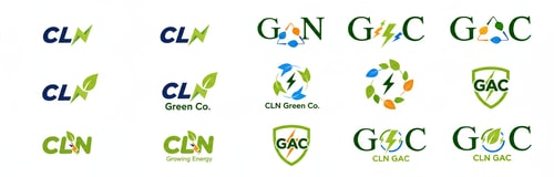 AI Design for generate 1 image having grid of 10 logos 2x5 , using the CLN and GAC Logo variations for cln green company.