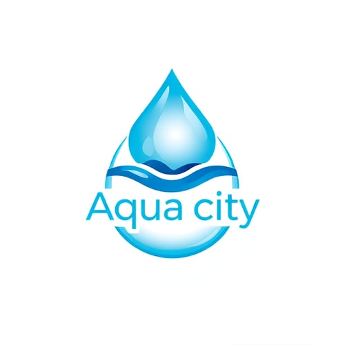 AI Design for Pictorial for a swimming pool company named "Aqua city": a stylized water drop with subtle wave ripples inside, vibrant blues and turquoise, clean and modern sans-serif font. Design inspired by water motion and clarity, with smooth gradients and soft edges, on a solid white background.