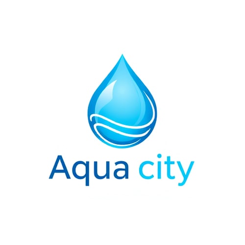 AI Design for Pictorial for a swimming pool company named "Aqua city": a stylized water drop with subtle wave ripples inside, vibrant blues and turquoise, clean and modern sans-serif font. Design inspired by water motion and clarity, with smooth gradients and soft edges, on a solid white background.