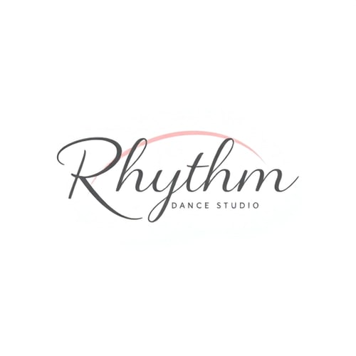AI Design for Minimalist logo for a modern and elegant dance studio named "Rhythm": Abstract representation of flowing movement, soft gradient of blush pink and charcoal gray, clean sans-serif font. Design inspired by contemporary ballet and fluid motion, with subtle, delicate lines and a sense of airiness, on a white background.